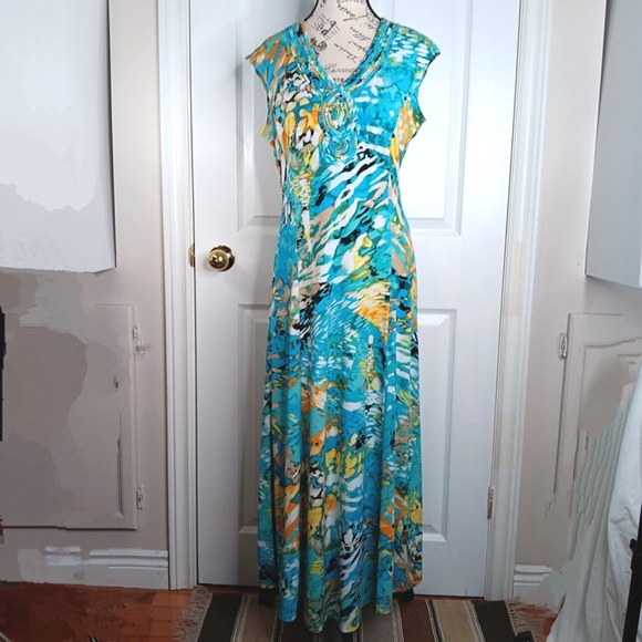 TanJay Dresses & Skirts - TanJay Sleeveless Ruched Maxi Dress Size 8 Teal Mulyi-Color Summer Party